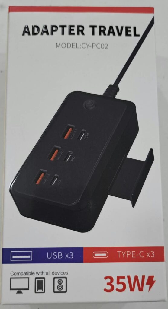 ESTACION DE CARGA 3 USB Y 3 TIPO C CON SOPORTE 35W A 220V
