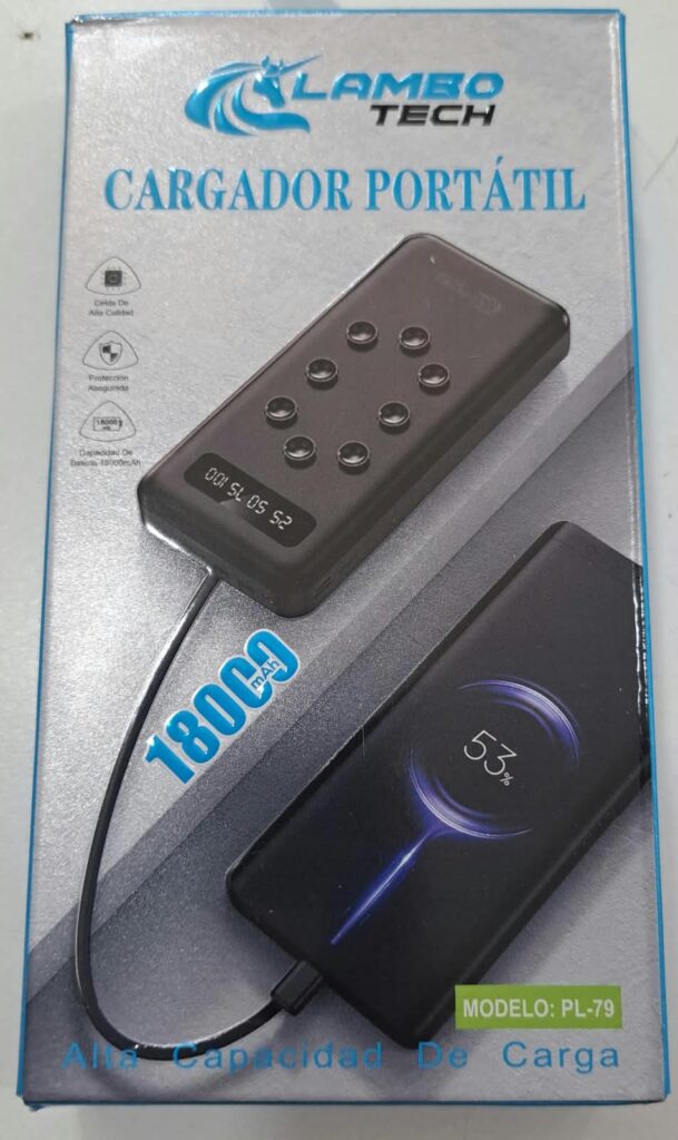 CARGADOR PORTATIL CON 4 FICHA DE CARGA Y MINI SOPAPA 18000MAH